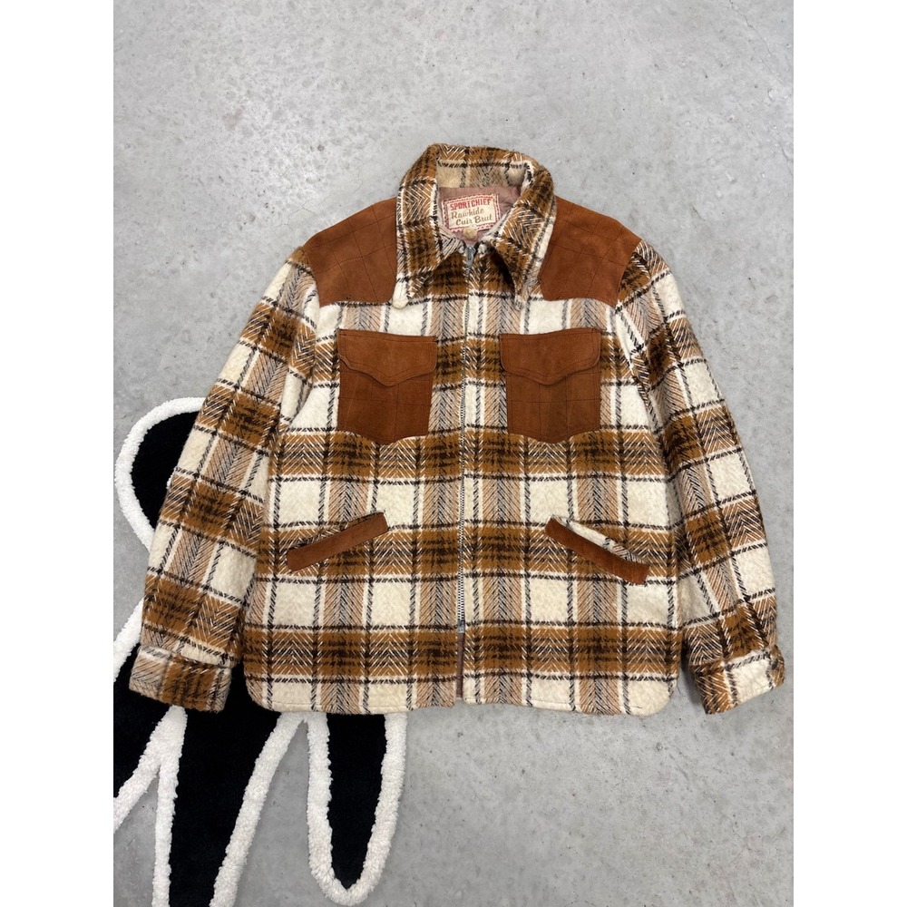Vintage 60s Sportchief Rawhide Plaid Wool Jacket Suede Yoke Brown Mens XL L